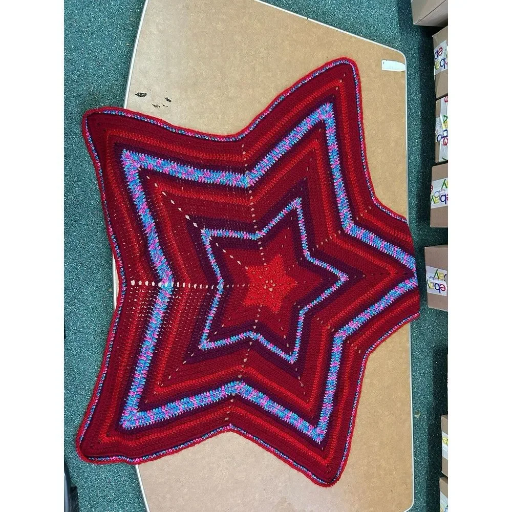 Vintage Crochet Knit Star Shape Afghan Throw Blanket Rug Red And Blue Handmade